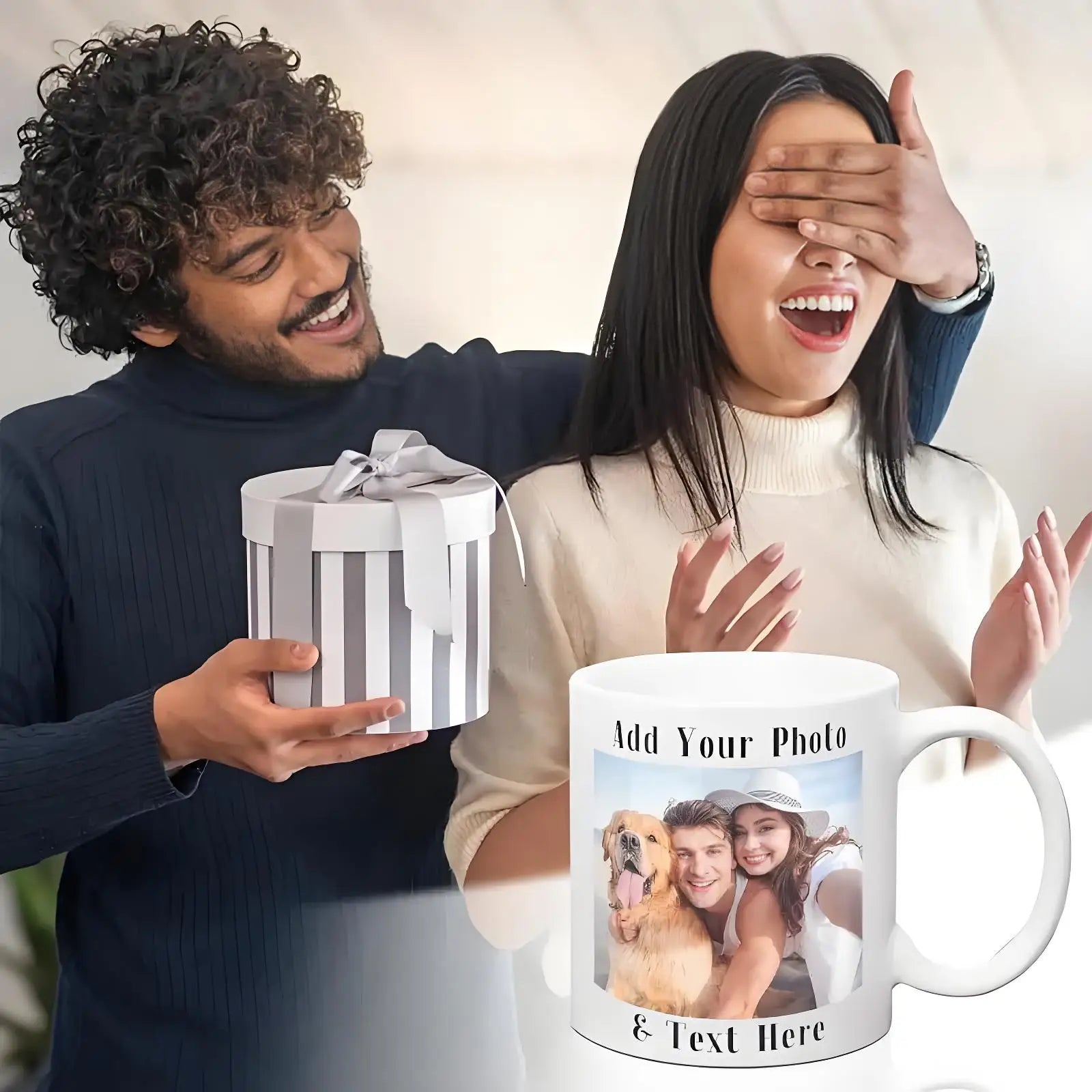 Man presenting a gift to a woman, with a photo mug featuring a couple and dog.