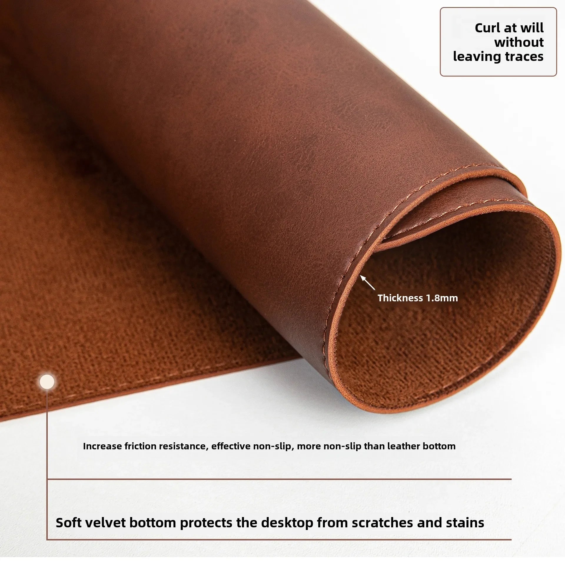 Brown leather mat with text on thickness, friction resistance, and protection features.