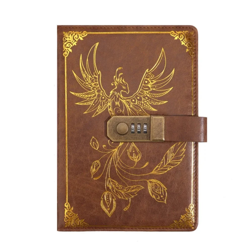 Brown leather notebook with gold phoenix design and combination lock on a white background