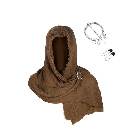 Brown hooded garment with decorative pins on a white background