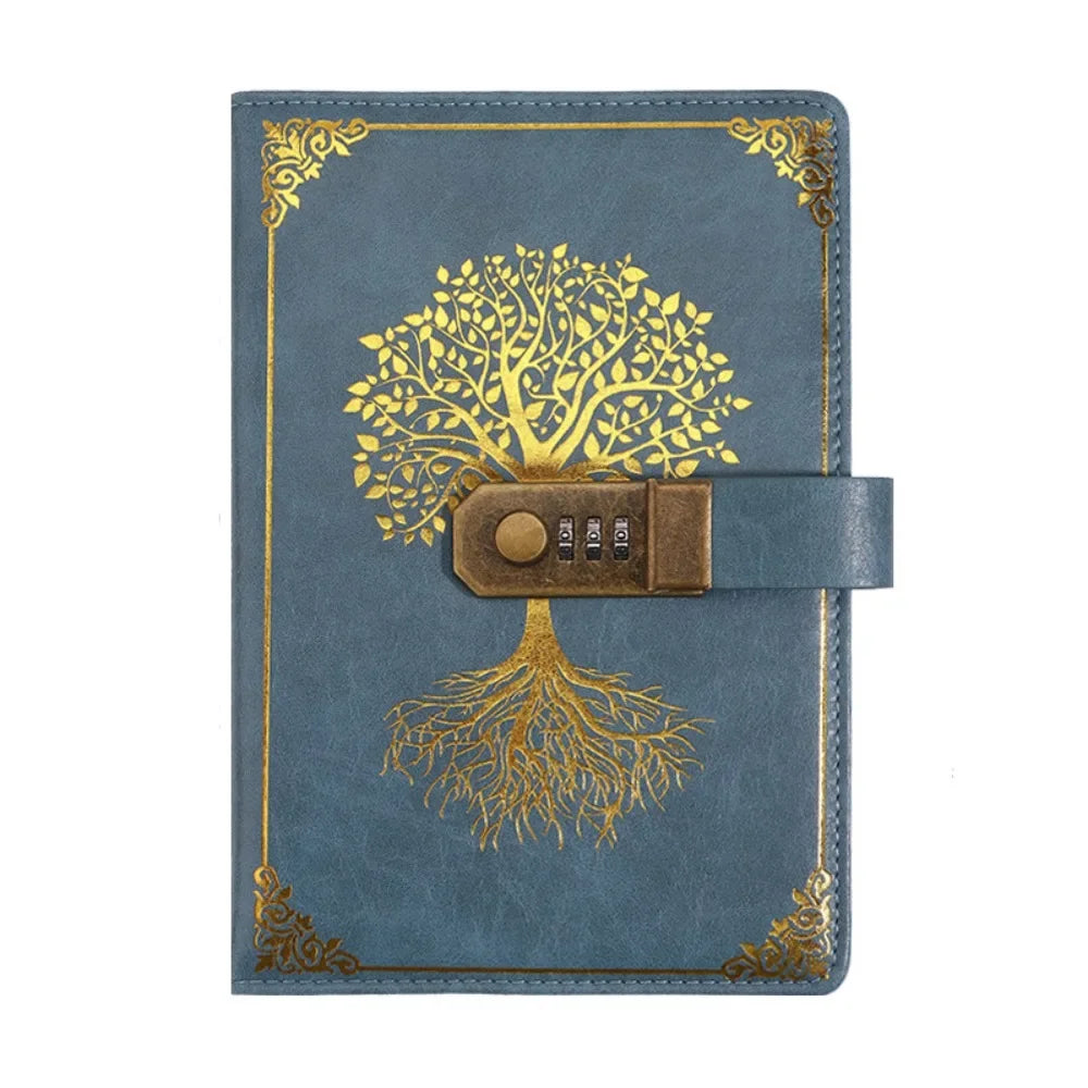 Blue notebook with gold tree design and combination lock on a white background
