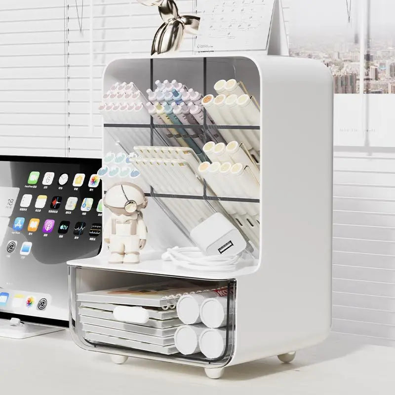 White desk organizer with stationery items in a home office setting
