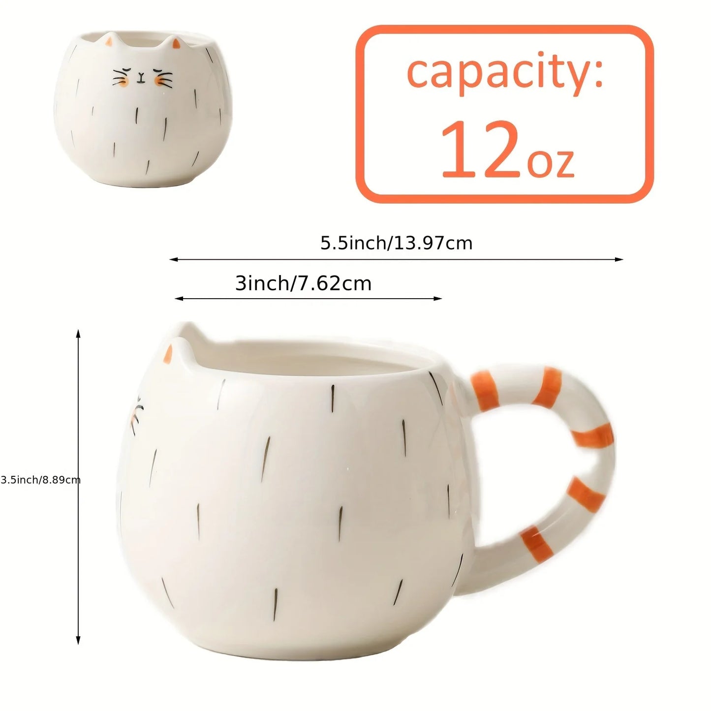 Ceramic mug with cat design and measurements on a white background