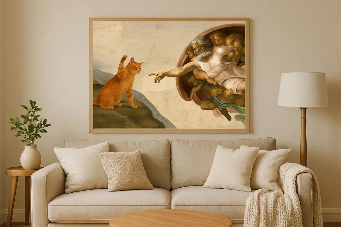 Living room with a beige sofa, framed artwork above it, and a lamp on a side table.