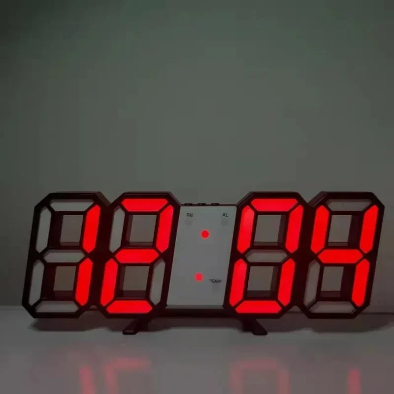 Digital clock with red LED display on a dark background