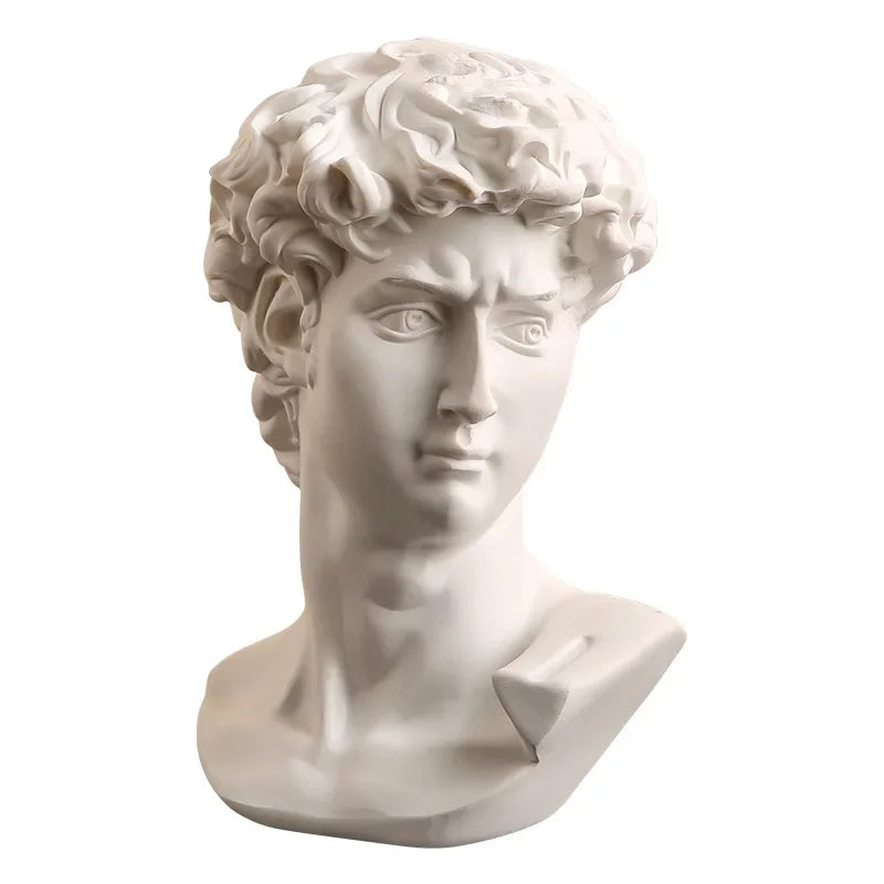 White marble bust of a classical figure on a white background