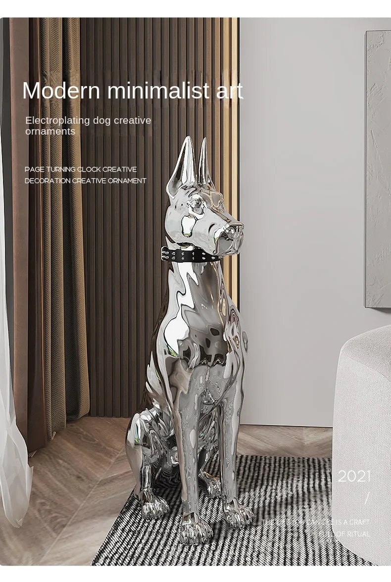Silver dog sculpture in a modern interior setting with text about modern minimalist art.