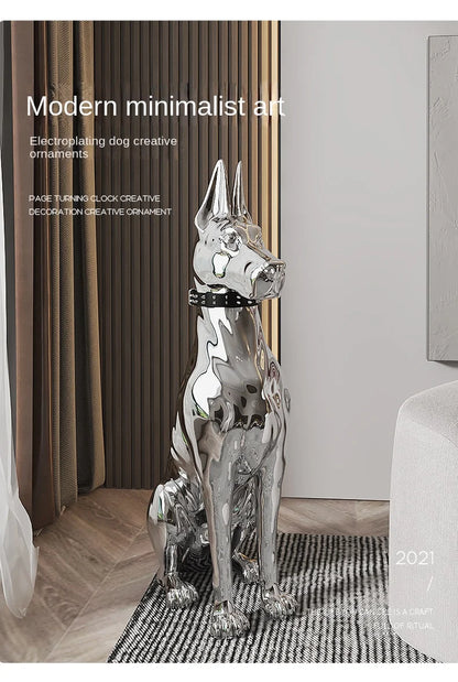 Silver dog sculpture in a modern interior setting with text about modern minimalist art.