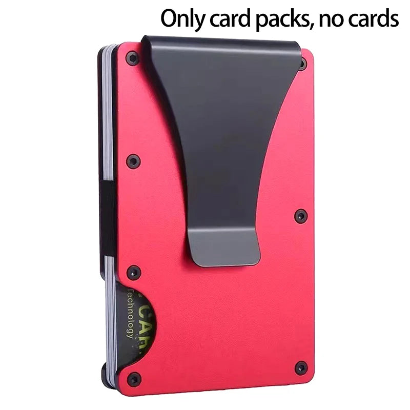 Red and black cardholder with text 'Only card packs, no cards' on a white background