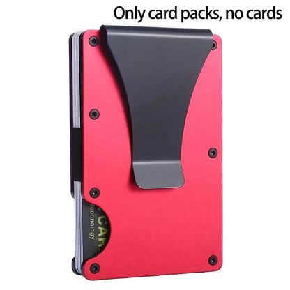 Red and black cardholder with text 'Only card packs, no cards' on a white background