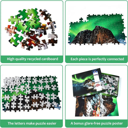 Jigsaw puzzle set with pieces, completed puzzle, and promotional materials on a green background.