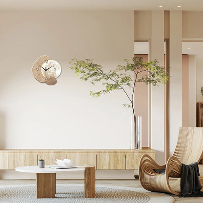 Modern living room with a wooden armchair, coffee table, and decorative clock.