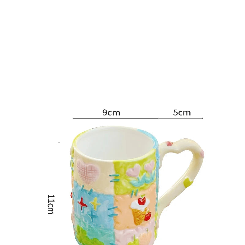 Colorful ceramic mug with measurements on a white background