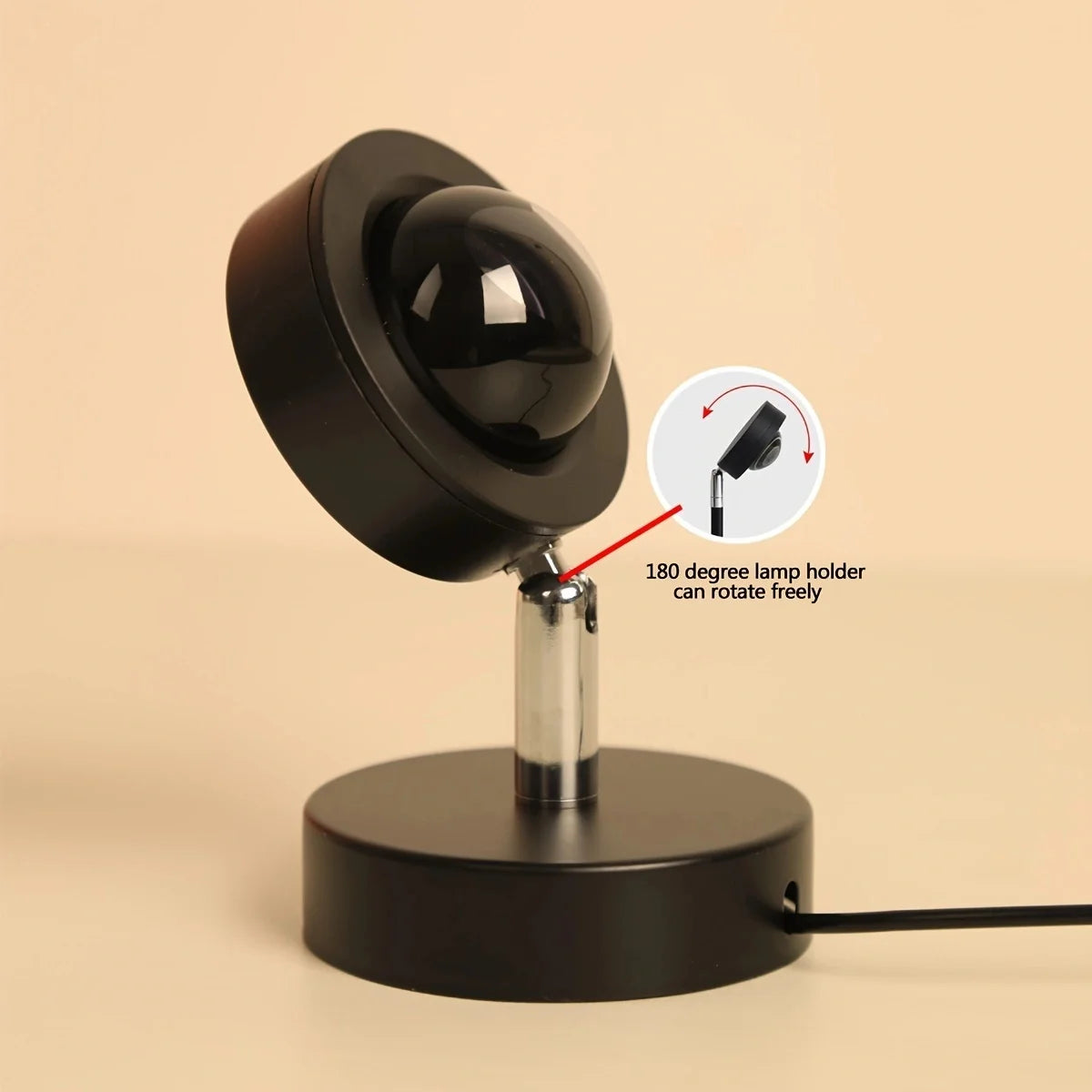 Black adjustable lamp holder on a beige background with an inset diagram showing rotation capability.