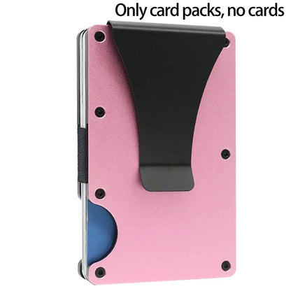 Pink cardholder with black clip on a white background
