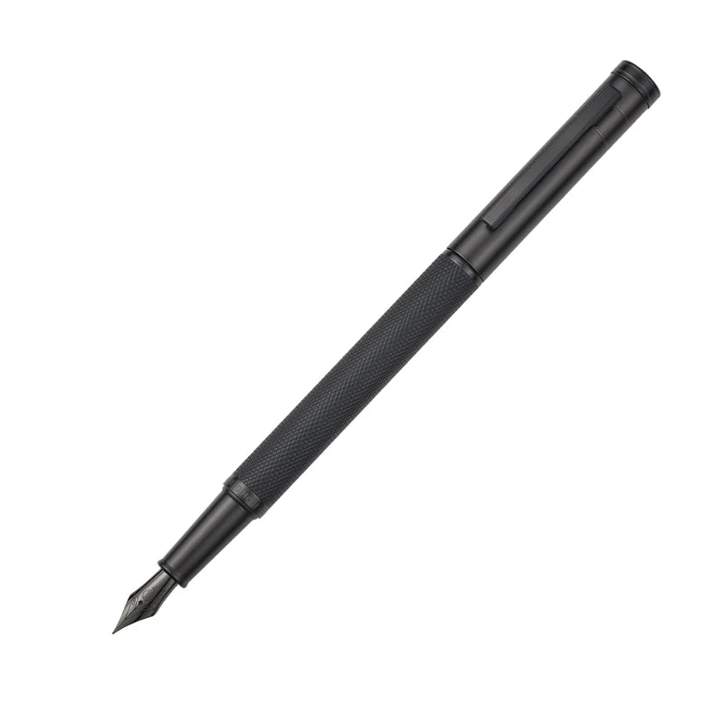 Blue pen with silver accents on a white background