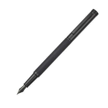 Blue pen with silver accents on a white background