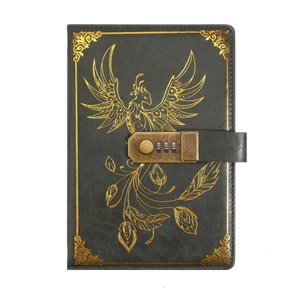 Black notebook with gold phoenix design and combination lock on a white background