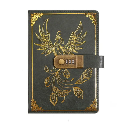 Black notebook with gold phoenix design and combination lock on a white background