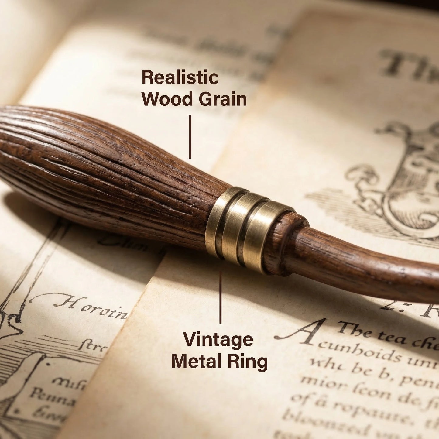Wooden object with a vintage metal ring on an old book page, labeled 'Realistic Wood Grain' and 'Vintage Metal Ring'.