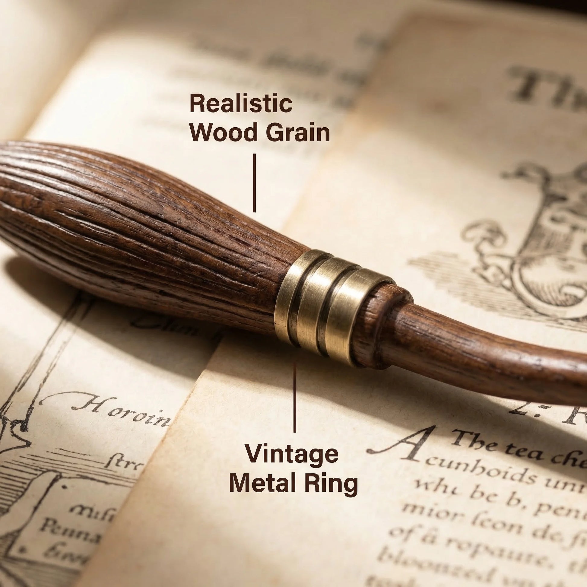 Wooden object with a vintage metal ring on an old book page, labeled 'Realistic Wood Grain' and 'Vintage Metal Ring'.