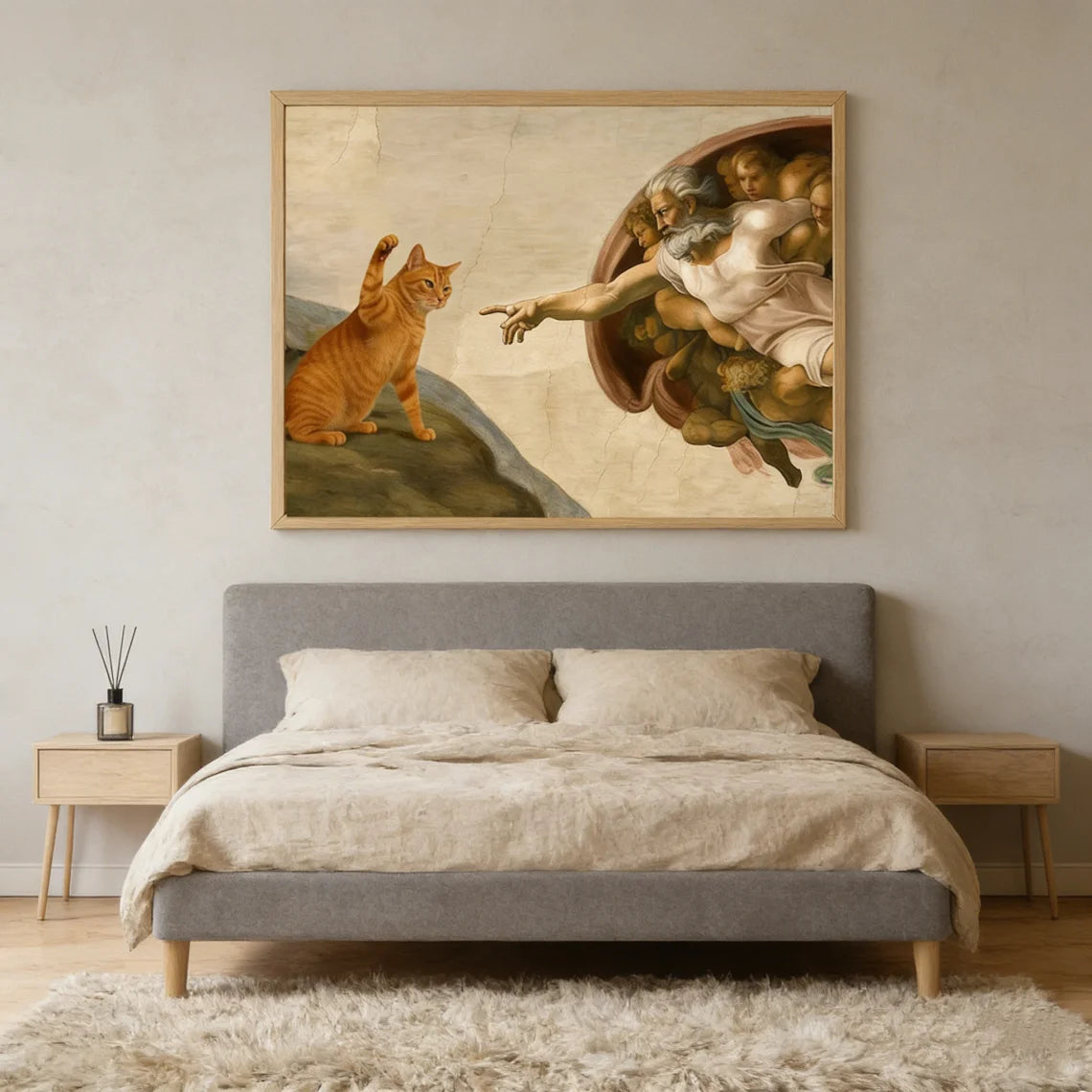 Bedroom with a large framed painting above a bed, featuring a cat and classical scene.