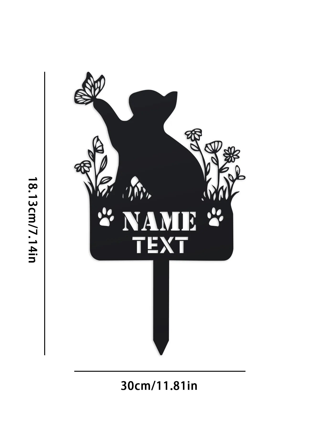 Black silhouette of a cat with flowers and butterfly on a white background