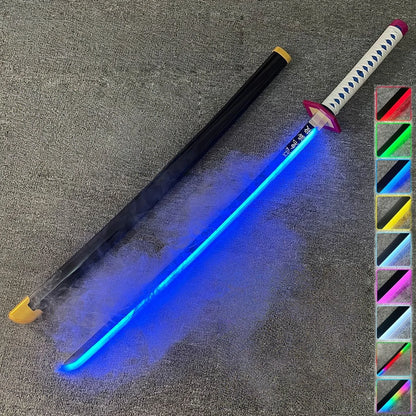 Light-up sword with blue light on a gray surface, surrounded by color options.