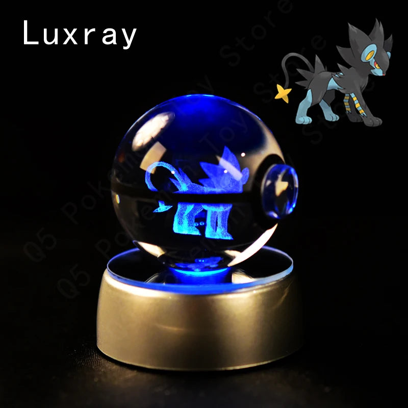 Crystal ball with blue light and base, featuring a cartoon character of Luxray on a dark background.