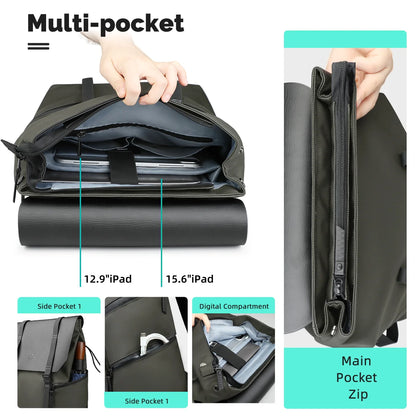 Multifunctional bag with compartments for electronic devices and additional pockets.