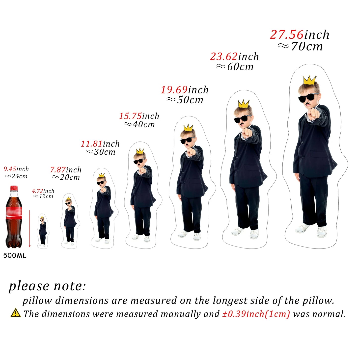 Measurement chart of a cardboard cutout with dimensions labeled, featuring a child in a suit and crown.