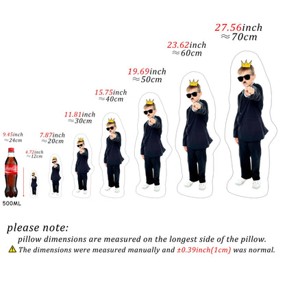 Measurement chart of a cardboard cutout with dimensions labeled, featuring a child in a suit and crown.