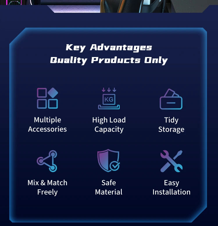 Key advantages of quality products displayed on a blue background with icons and text.