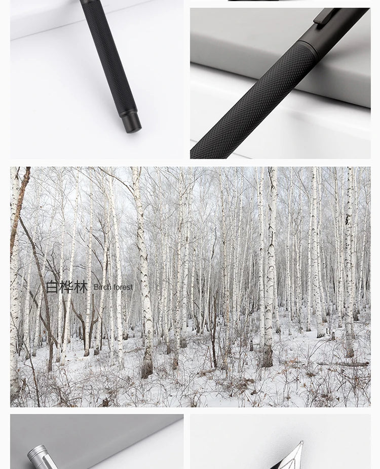 Collage of a pen, snowy forest scene, and a close-up of the pen on a white background.