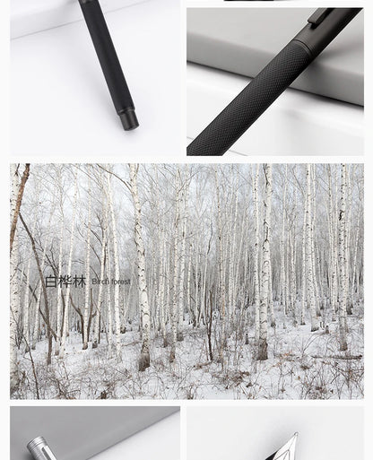 Collage of a pen, snowy forest scene, and a close-up of the pen on a white background.