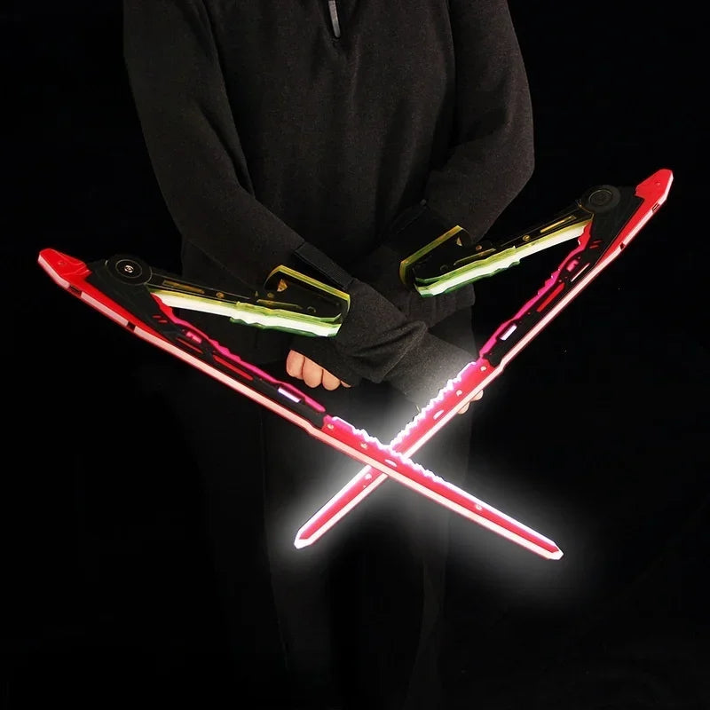 Person holding two glowing LED lightsabers against a black background