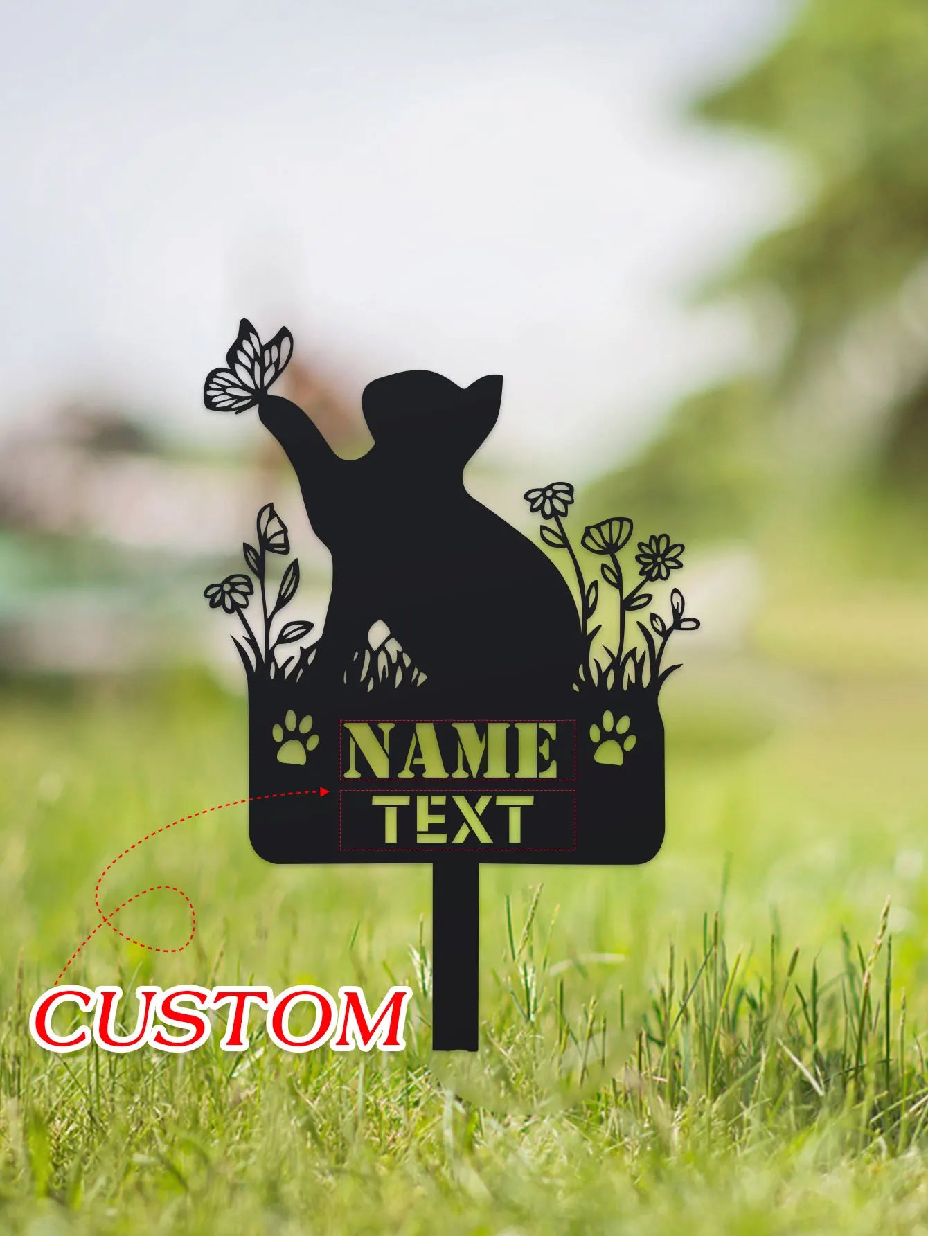 Black silhouette of a dog with flowers and text placeholder on grass