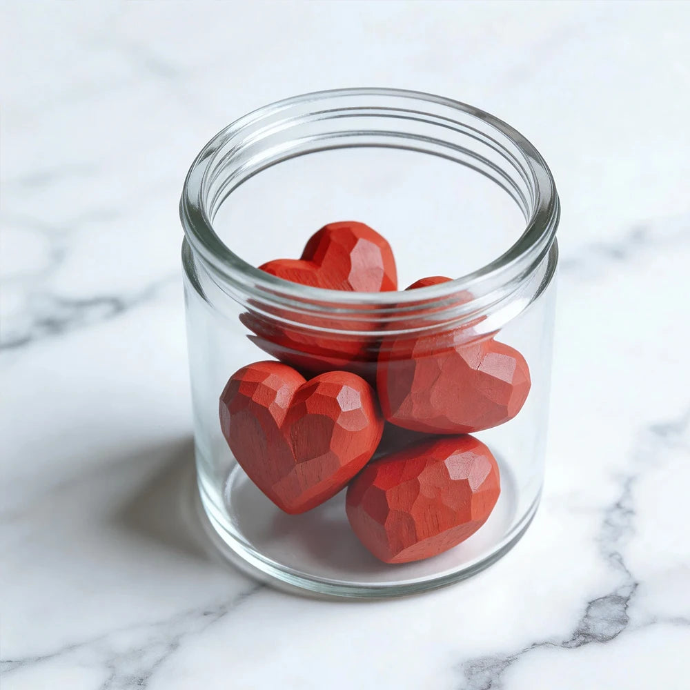 Clear glass jar filled with red heart-shaped objects on a marble surface