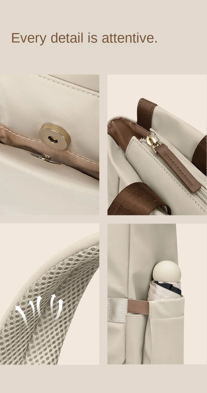 Close-up details of a beige bag with text 'Every detail is attentive.'