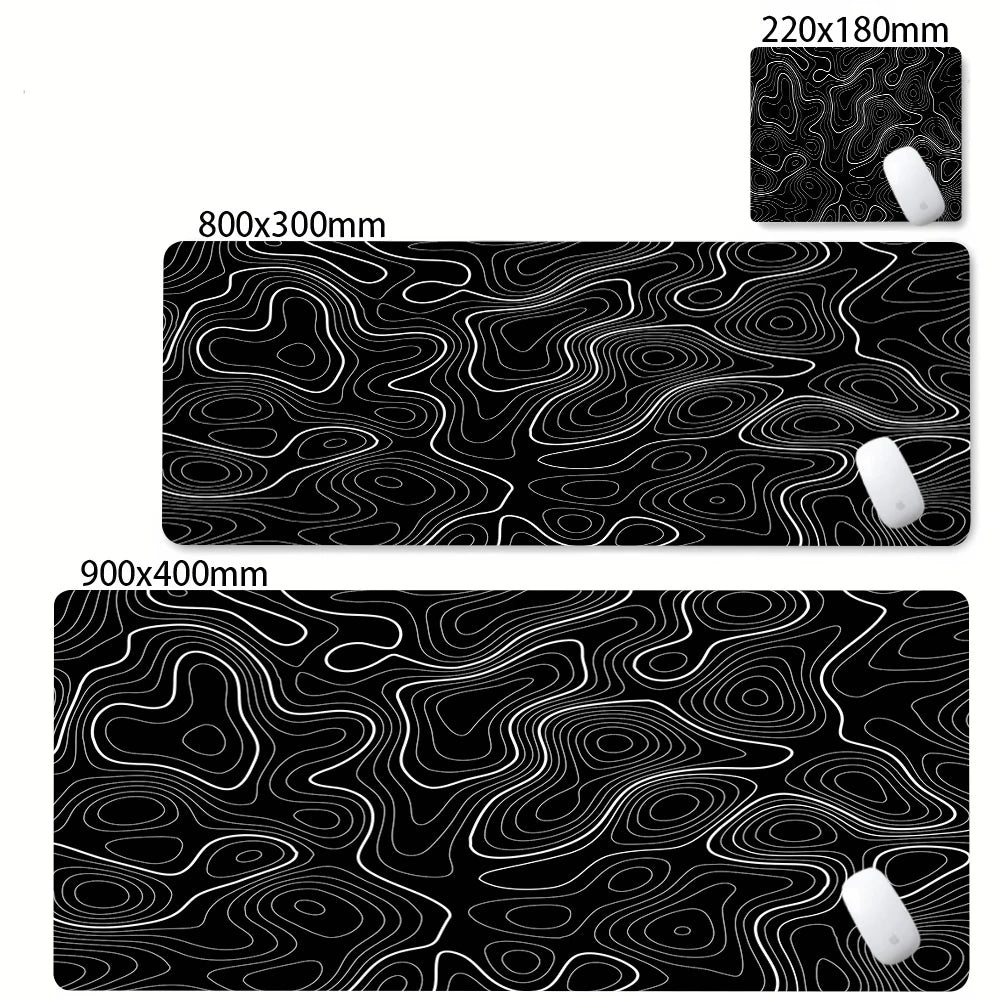 Three black and white patterned mouse pads with measurements and a close-up of a 220x180mm pad.