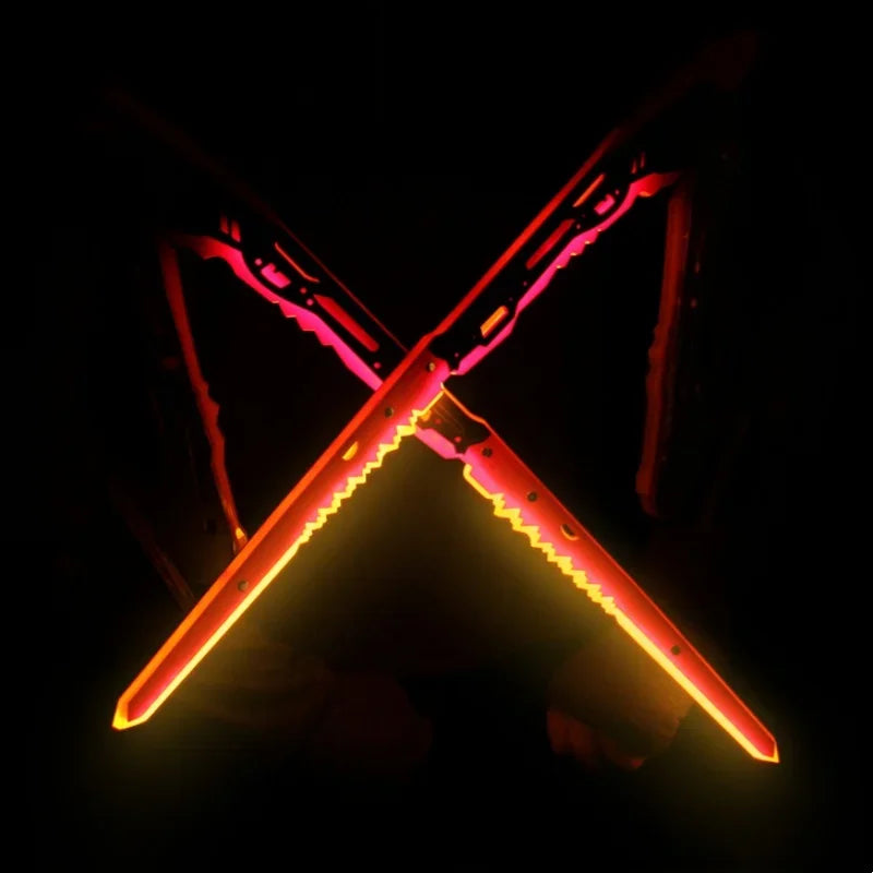 Two glowing red and orange swords crossed over each other on a black background