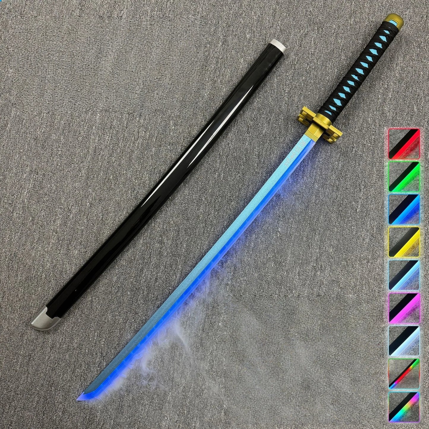 Sword with a glowing blue blade on a gray background