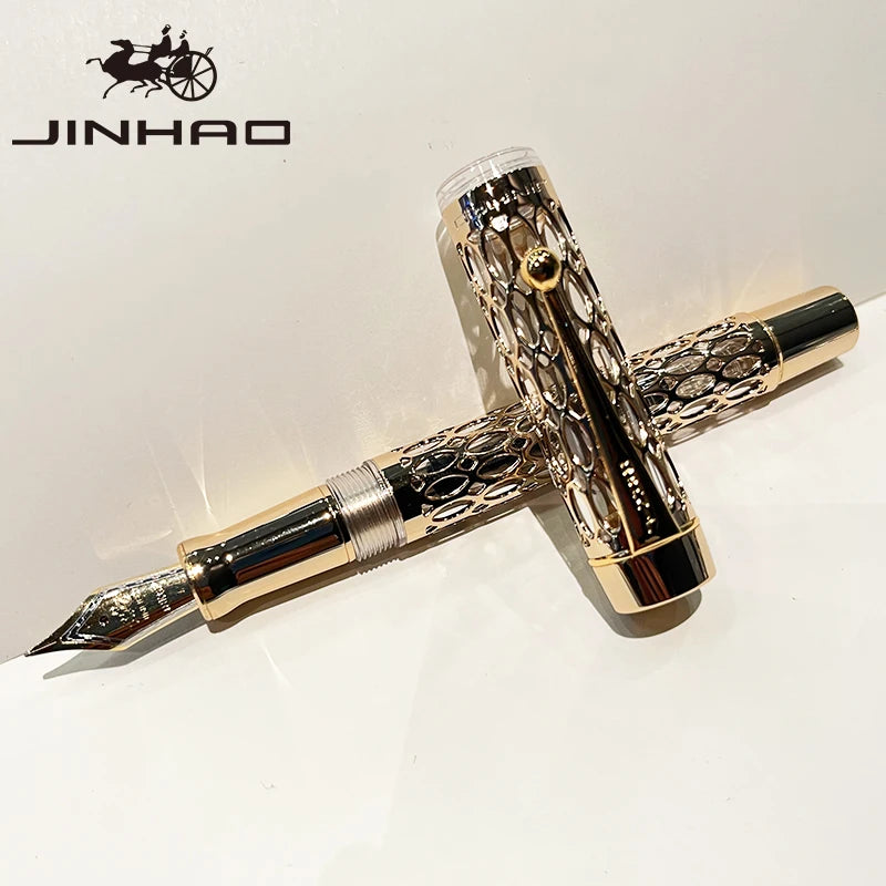 Luxury fountain pen with intricate design on a white background, featuring the Jinhao brand.