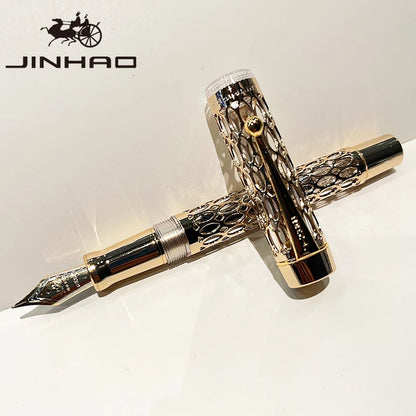 Luxury fountain pen with intricate design on a white background, featuring the Jinhao brand.