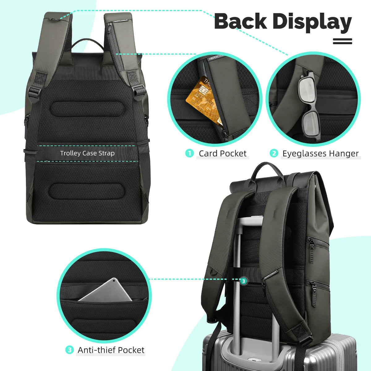Black backpack with features highlighted on a light blue background