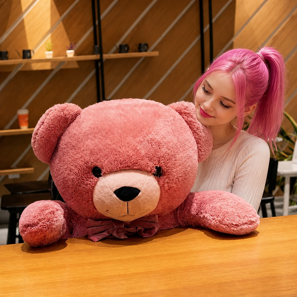 Person with pink hair holding a large pink teddy bear in a casual setting.