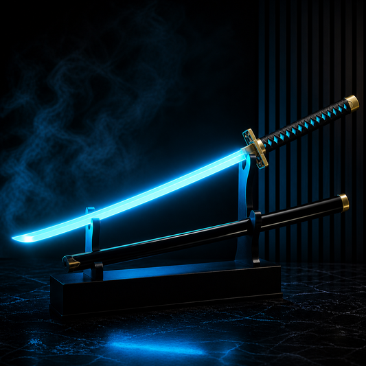 Light-up sword with glowing blue blade on a dark background