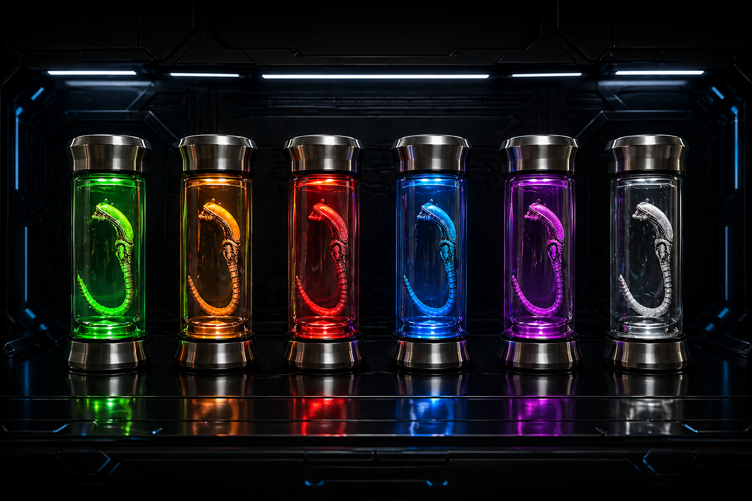Seven cylindrical containers with glowing contents on a reflective surface.