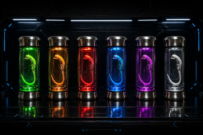 Seven cylindrical containers with glowing contents on a reflective surface.