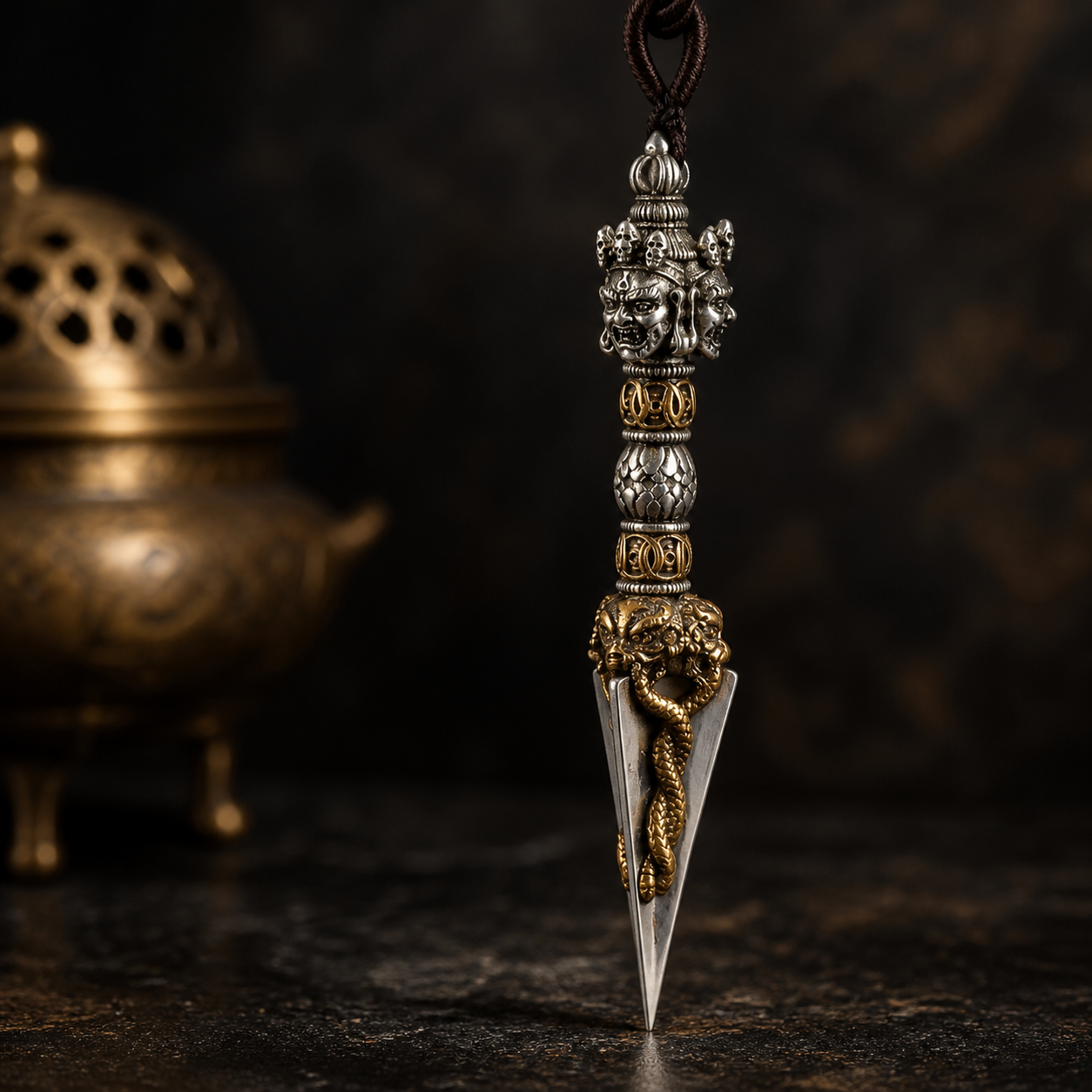 Decorative dagger pendant with intricate designs on a dark background